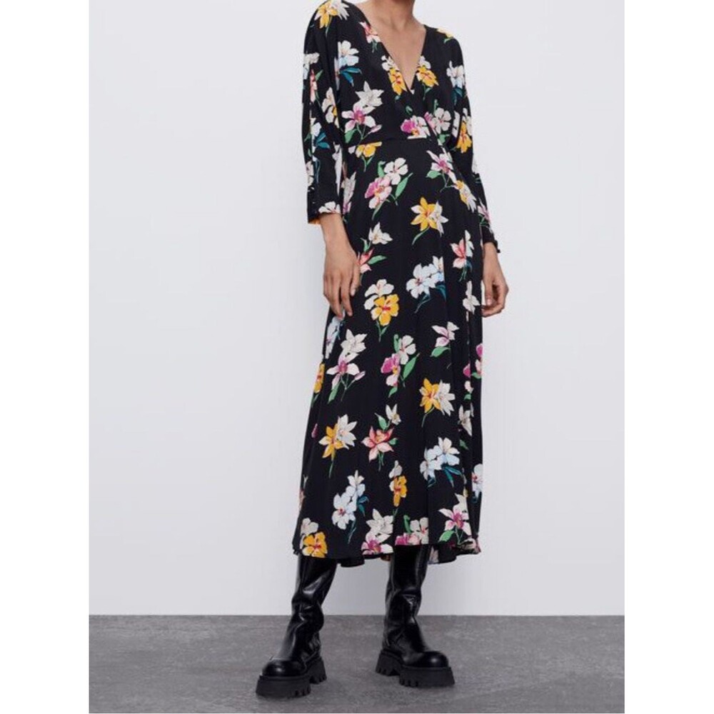 Zara Black Floral V-Neck Long Sleeve Maxi Dress Side Zipper Sz L Preppy Boho